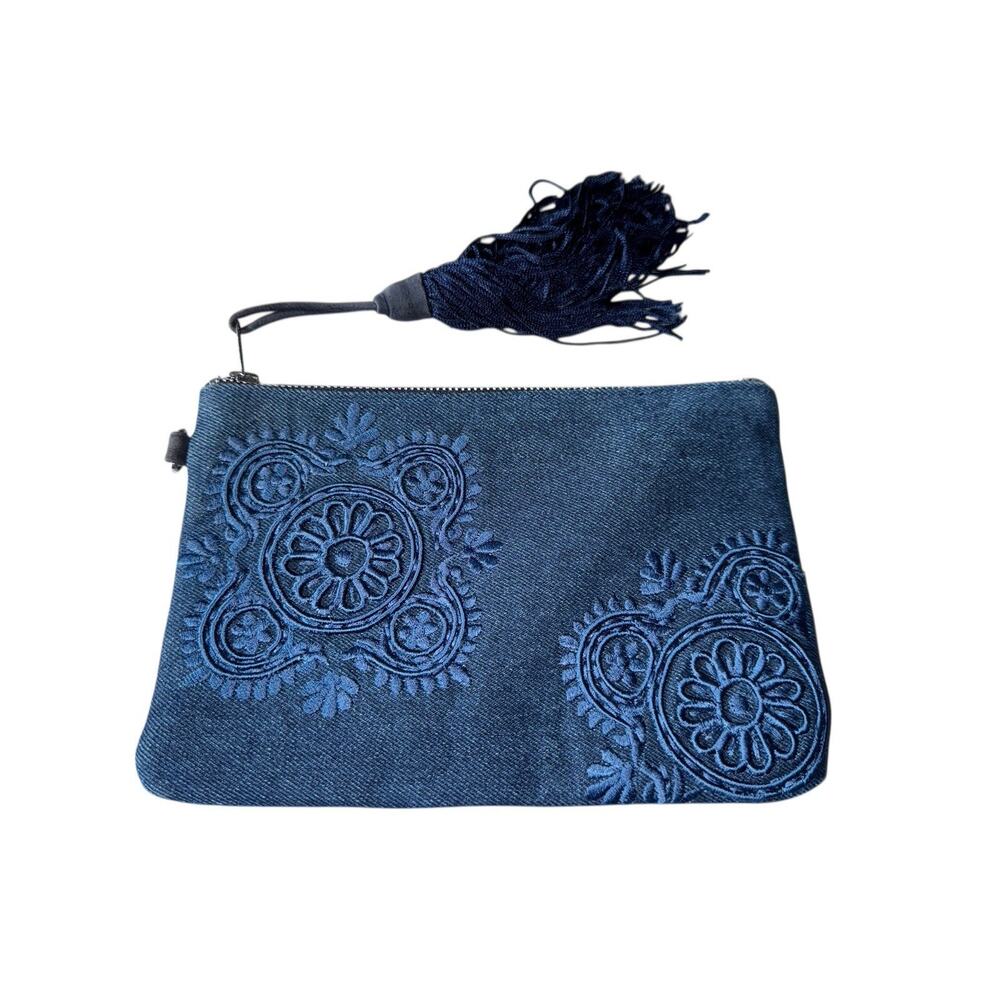 Chico’s Blue Embroidered Denim Zip Pouch Tassel Wristlet Clutch Bag Night Out